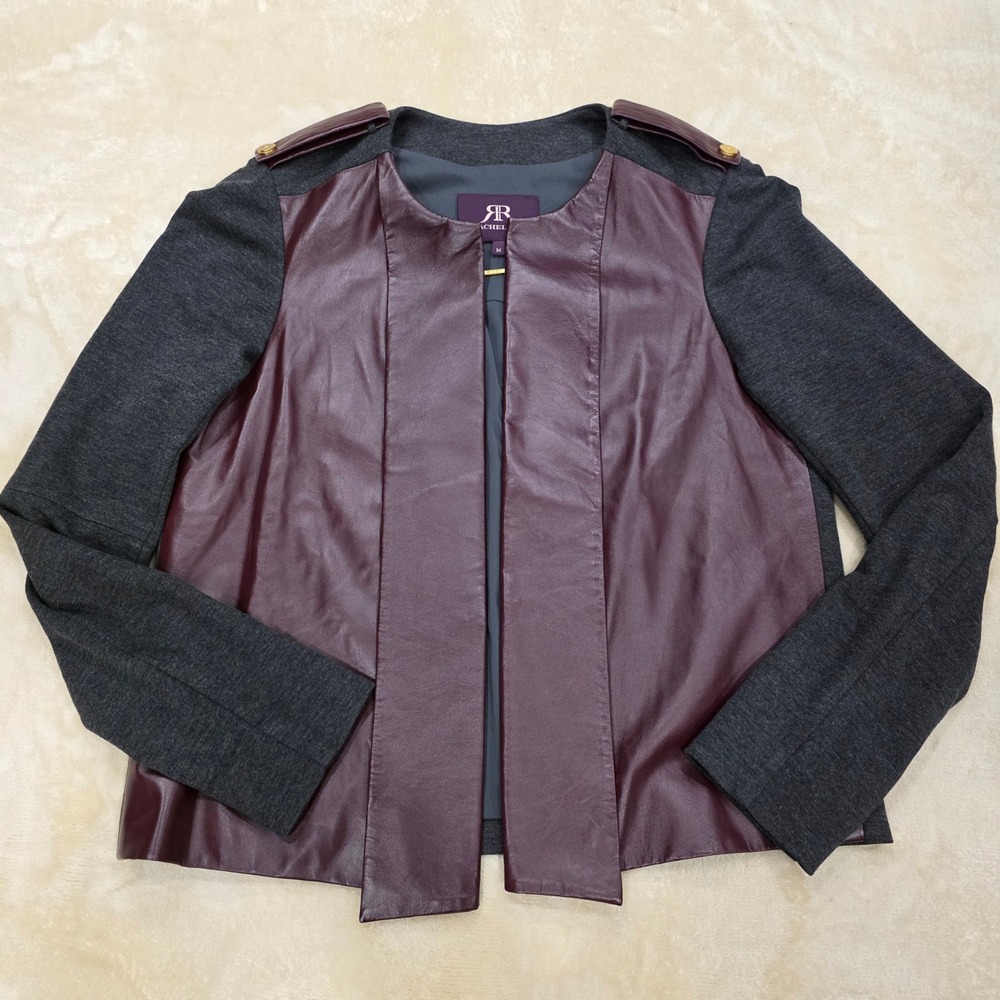 Rachel Roy Genuine Leather Mixed Media Open Front Jacket Burgundy Gray M